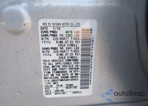 2016 Nissan Rogue Sv from USA, damaged, VIN JN8AT2MV5GW146483